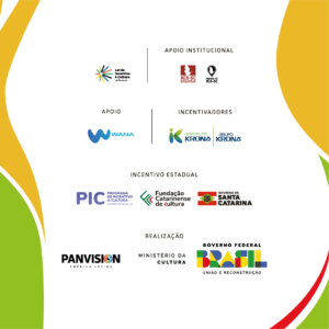 A imagem apresenta uma série de logotipos de diferentes instituições e programas de apoio cultural. No topo, há o logotipo da "Lei de Incentivo à Cultura" seguido pelo título "Apoio Institucional" com os logotipos do "MIS-SC" e "Museu da Imagem e do Som de Santa Catarina." Abaixo, há o título "Apoio" com o logotipo da "Wana." Em seguida, há o título "Incentivadores" com os logotipos do "Instituto Krona" e "Grupo Krona." Mais abaixo, há o título "Incentivo Estadual" com os logotipos do "PIC - Programa de Incentivo à Cultura", "Fundação Catarinense de Cultura" e "Governo de Santa Catarina." Na parte inferior, há o título "Realização" com os logotipos da "Panvision América Latina", "Ministério da Cultura" e "Governo Federal Brasil - União e Reconstrução."