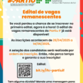 Card informativo e colorido do Instituto Federal Catarinense – Campus São Francisco do Sul sobre o Edital de Vagas Remanescentes do programa Partiu IF. O fundo é composto por cores vibrantes como azul, verde, vermelho e amarelo, com formas geométricas e bolinhas brancas decorativas. Há logos no topo e informações distribuídas de forma clara e objetiva. Texto presente na imagem: 📌 Topo da imagem: #PARTIU IF (escrito em laranja e verde, com o logo oficial do Instituto Federal ao lado). Logo do Instituto Federal Catarinense – Campus São Francisco do Sul. 📢 Título central (em laranja e em destaque): "Edital de vagas remanescentes" Texto explicativo: "Se você perdeu a chance de se inscrever no primeiro edital, agora é a hora! O edital de vagas remanescentes do Partiu IF já está disponível!" 📅 Datas: "As inscrições acontecem de 28/04/2025 a 14/06/2025." 📌 Importante: "A seleção dos candidatos será realizada por ordem de inscrição. Então, não perca tempo e garanta a sua inscrição!" 🔗 Link e QR Code para o edital: "Edital: bit.ly/ifc-partiuif" (logo abaixo há um QR Code para acesso rápido) 📧 Informação de contato: "Tem alguma dúvida? Mande uma mensagem para: partiuif.sfs@ifc.edu.br"