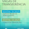 card com fundo azul e verde. No centro da imagem está escrito: vagas de transferência edital 31/2025. Cursos técnicos subsequentes. Edital 33/2025. Cursos de graduação. Abaixo estão as logos na cor branca do IFC e do Governo Federal.