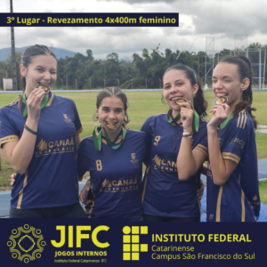 Quatro alunas do IFC estão enfileiradas ao ar livre, sorrindo e segurando suas medalhas de bronze entre os dentes. Todas vestem camisetas esportivas azul-marinho com detalhes dourados, logotipo do IFC e o nome "Canaã Engenharia" estampado. Ao fundo, há uma pista atlética e árvores. No canto superior da imagem está escrito, em faixa amarela: “3º Lugar – Revezamento 4x400m feminino”. A parte inferior da imagem contém os logotipos do JIFC e do IFC Campus São Francisco do Sul.