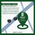 Card digital com fundo em tons de verde e um mapa estilizado ao centro. No topo da imagem, há uma faixa branca com a inscrição “Edital nº 8/2025 – GAB/SFS” em letras brancas sobre um fundo verde escuro. Abaixo, em letras verdes, está o texto: “Vagas remanescentes para transporte escolar urbano 2025 aos alunos dos cursos Técnicos Integrados ao Ensino Médio do Campus São Francisco do Sul”. No centro da imagem há um trecho de mapa com ruas representadas em azul claro e cinza, contendo os nomes “Rod. Duque de Caxias”, “Rua Maria Stella Martins” e “Rua Cidral”. Sobre a Rodovia Duque de Caxias, aparecem dois ícones pretos com símbolo de ônibus, indicando pontos de transporte. Em destaque, sobre o mapa, há um marcador de localização verde escuro, no formato de gota invertida, com o logotipo do Instituto Federal Catarinense Campus São Francisco do Sul. E abaixo o endereço: editais.ifc.edu.br O card é contornado por uma borda verde escura espessa.