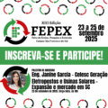 Card digital em formato quadrado, com fundo branco e elementos nas cores verde, vermelho e preto. Na parte superior, há vários ícones circulares com setas nas cores vermelho, preto e verde, formando um padrão repetido. Abaixo, ao centro, está o logotipo da XIII Edição da FEPEX – Feira de Ensino, Pesquisa e Extensão do Campus São Francisco do Sul – acompanhado do texto “23 a 25 de setembro de 2025” à direita. Uma faixa verde atravessa o centro do card, com o texto em branco em letras maiúsculas: “INSCREVA-SE E PARTICIPE!” Na parte inferior, à esquerda, há uma foto de uma mulher jovem, sorridente, cabelos castanhos e lisos, vestindo camisa social branca. A foto está dentro de um ícone circular de setas verde, preta e vermelha. Ao lado da foto está o texto em preto, em destaque: “Palestra de Abertura Eng. Janine Garcia – Celesc Geração Eletropostos e Usinas Solares – Expansão e mercado em SC 23 de setembro de 2025, terça-feira, às 18h” No rodapé, os mesmos ícones circulares coloridos se repetem, criando um padrão decorativo.