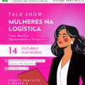 Card digital de divulgação do evento “Talk Show Mulheres na Logística”. O fundo é em tons de rosa, com o canto superior esquerdo em branco. Na parte superior esquerda, está o logotipo do Instituto Federal Catarinense, com o texto: “Instituto Federal Catarinense – Campus São Francisco do Sul”. No canto superior direito, em letras pretas, lê-se: “Convidadas: Camila Reinert, Ana Paula Alves, Viviane Porcincula.” Logo abaixo, em letras grandes e brancas, está o título do evento: “Talk Show Mulheres na Logística”, seguido do subtítulo: “Tema: Desafios, Oportunidades e Perspectivas.” Abaixo, centralizado, em destaque rosa-escuro: “14 Outubro – 19h30 horas”. Mais abaixo, ícones indicam o local e inscrição: 📍 “Instituto Federal Catarinense – Campus São Francisco.” 📋 “Inscrições no link.” No rodapé, em letras brancas: “Evento gratuito e aberto à comunidade.” À direita da imagem, há uma ilustração de uma mulher de pele morena clara, cabelos pretos e ondulados, com batom vermelho e brincos brancos redondos. Ela usa blazer preto sobre blusa branca e segura uma pasta avermelhada sob o braço esquerdo.