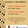 Cartaz em fundo bege com padrões gráficos pretos inspirados em arte afro-diaspórica posicionados nas laterais esquerda da imagem. No topo, em letras pretas com estilo datilografado, lê-se: “Vozes e Lutas: Cultura e Resistência”. Logo abaixo, em vermelho, está o título “Cultura e Ancestralidade – com Tatetu Kelawe” e, depois, “Culinária Afro-Indígena – com Chef Fifika”. Na parte inferior, em texto centralizado, constam as informações do evento: “IFC – Campus São Francisco do Sul, Rod. Duque de Caxias, 6628 – Iperoba, Auditório do Campus – 13h30. 25/11”. Na base do cartaz aparecem três logotipos: o do NEABI (com ilustração de pessoa indígena), o da Casa de Cultura Afro-brasileira ACCAAB e o do Instituto Federal Catarinense – Campus São Francisco do Sul.