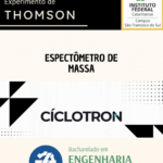 Um card com fundo claro. Na parte superior, lê-se “Experimento de Thomson” em letras pretas. À direita, há o logo do Instituto Federal. Abaixo, aparecem os títulos “Espectrômetro de Massa” e “Ciclotron” em caixas separadas, com elementos gráficos geométricos em preto. Na parte inferior, há o brasão do curso de Engenharia Elétrica e o texto “Bacharelado em Engenharia Elétrica”.