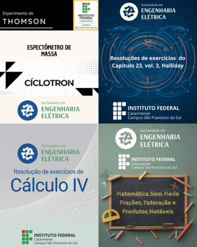 A imagem é um mosaico com quatro artes acadêmicas do curso de Engenharia Elétrica do IFC. No canto superior esquerdo, há um card claro com títulos sobre Experimento de Thomson, Espectrômetro de Massa e Ciclotron. No superior direito, um card azul escuro com visual tecnológico anuncia resoluções de exercícios do Halliday. No inferior esquerdo, um card cinza apresenta “Resolução de exercícios de Cálculo IV”. No inferior direito, um quadro verde escolar exibe o título “Matemática Sem Medo — Frações, Fatoração e Produtos Notáveis”, cercado por giz e materiais de sala de aula.