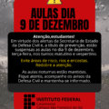 Card com fundo de chuva e nuvens escuras. No topo, um ícone de alerta amarelo e o texto em destaque: “Aulas dia 9 de dezembro”. No centro, aviso informando que as aulas dos turnos matutino e vespertino estão suspensas devido ao alerta da Defesa Civil, com orientação para evitar áreas de risco. No fim, o logo do Instituto Federal Catarinense – Campus São Francisco do Sul e a informação de que as aulas noturnas estão mantidas.
