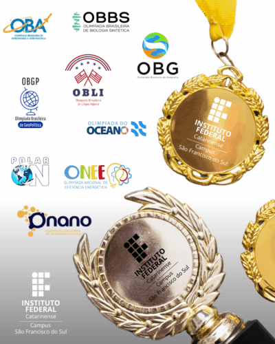 Imagem com medalhas douradas e prateadas com o logotipo do Instituto Federal Catarinense – Campus São Francisco do Sul. Ao lado, aparecem logotipos de diversas olimpíadas do conhecimento, como astronomia, geografia, língua inglesa, biologia, energia e nanotecnologia. A composição representa conquistas acadêmicas e participação estudantil em olimpíadas científicas.