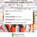 Imagem institucional em formato vertical. Ao fundo, há um esquema elétrico em preto e branco, com símbolos técnicos e diagramas. Sobre esse fundo, aparecem ferramentas de trabalho da área elétrica, como alicates, cabos vermelhos e pretos e conectores, posicionados na parte inferior da imagem. No centro, há um retângulo branco com cantos arredondados contendo informações do processo seletivo. No topo do retângulo, em letras grandes e destacadas, está o texto: “Contratação Professor Substituto”. Abaixo, em texto organizado por linhas, constam as informações: “Área: Engenharia Elétrica”; “Vaga: 01”; “Carga horária: 40 horas”; “Remuneração: R$ 4.867,77 até R$ 8.058,29”; “Inscrição: 12/01/2026 – 30/01/2026”. Na parte inferior da imagem, sobre uma faixa branca, aparece o logotipo do Instituto Federal Catarinense, acompanhado do texto: “Instituto Federal Catarinense – Campus São Francisco do Sul”.