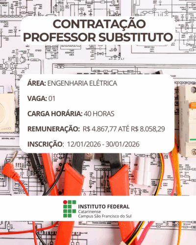 Imagem institucional em formato vertical. Ao fundo, há um esquema elétrico em preto e branco, com símbolos técnicos e diagramas. Sobre esse fundo, aparecem ferramentas de trabalho da área elétrica, como alicates, cabos vermelhos e pretos e conectores, posicionados na parte inferior da imagem. No centro, há um retângulo branco com cantos arredondados contendo informações do processo seletivo. No topo do retângulo, em letras grandes e destacadas, está o texto: “Contratação Professor Substituto”. Abaixo, em texto organizado por linhas, constam as informações: “Área: Engenharia Elétrica”; “Vaga: 01”; “Carga horária: 40 horas”; “Remuneração: R$ 4.867,77 até R$ 8.058,29”; “Inscrição: 12/01/2026 – 30/01/2026”. Na parte inferior da imagem, sobre uma faixa branca, aparece o logotipo do Instituto Federal Catarinense, acompanhado do texto: “Instituto Federal Catarinense – Campus São Francisco do Sul”.
