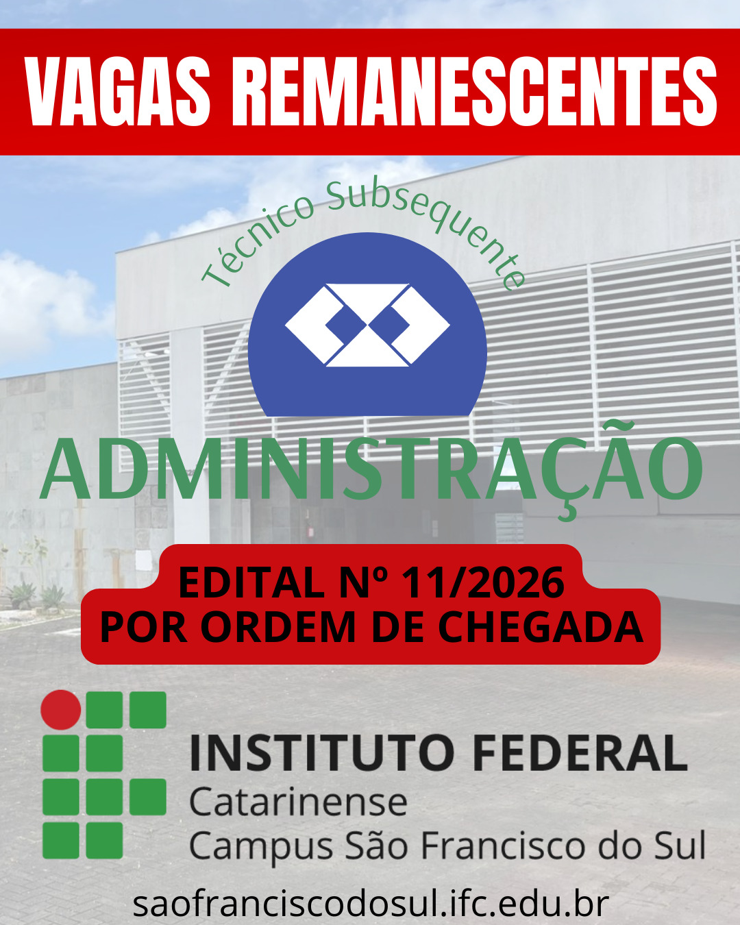 Imagem institucional em formato vertical. No topo, há uma faixa vermelha com o texto em letras brancas e maiúsculas: “VAGAS REMANESCENTES”. Ao fundo, aparece a fachada do Instituto Federal Catarinense – Campus São Francisco do Sul, em tons claros e com estrutura moderna. No centro da imagem, há um símbolo circular azul com um ícone geométrico representando a área administrativa, acompanhado do texto curvo “Técnico Subsequente”. Logo abaixo, em destaque, está o texto “ADMINISTRAÇÃO”, em letras grandes e verdes. Na parte inferior, há uma faixa vermelha com o texto: “EDITAL Nº 11/2026 – POR ORDEM DE CHEGADA”. Abaixo, aparece o logotipo do Instituto Federal Catarinense, seguido do texto “Instituto Federal Catarinense – Campus São Francisco do Sul” e, ao final, o endereço do site: saofranciscodosul.ifc.edu.br.